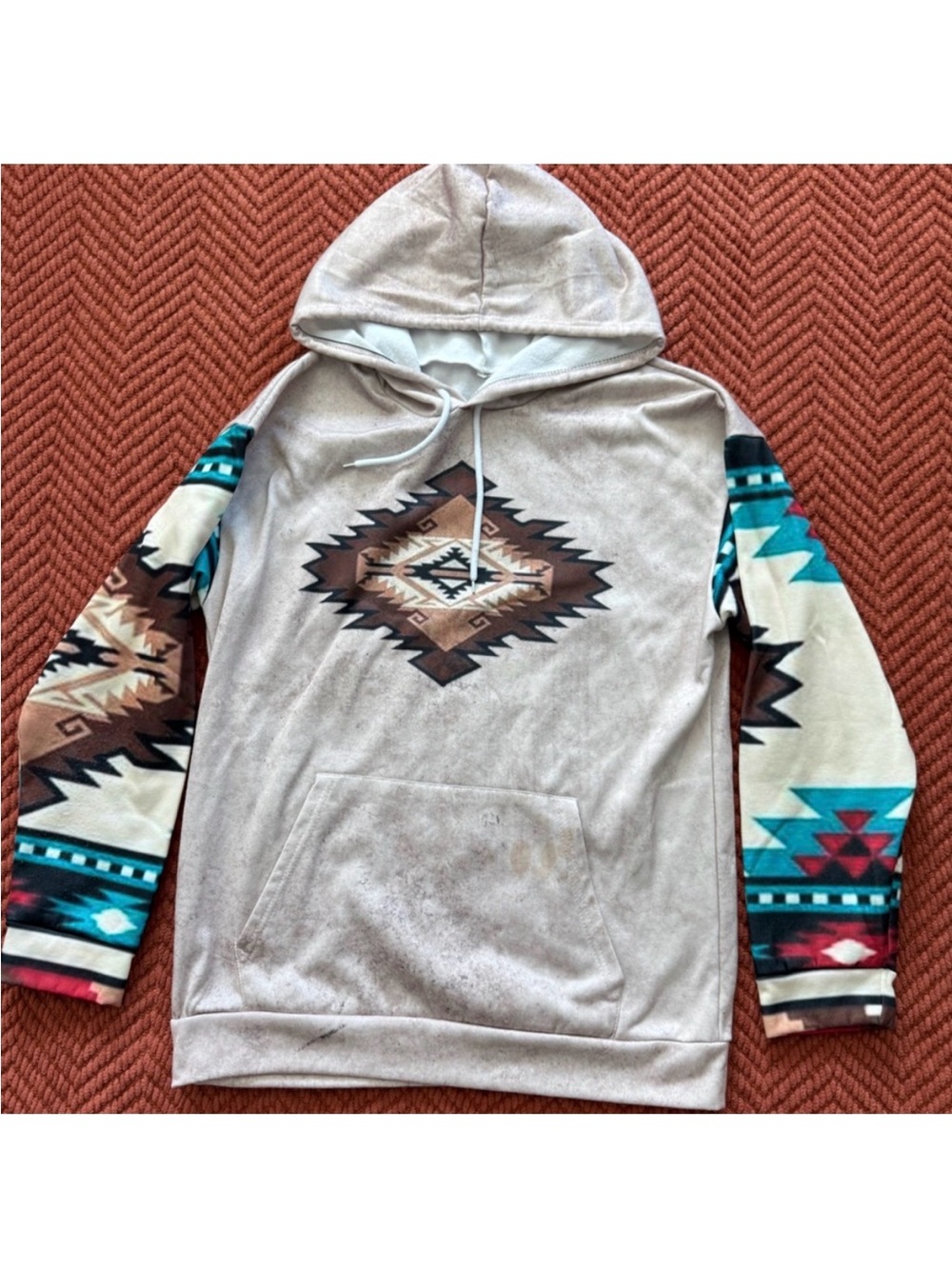 Cream Hooded Pullover with Aztec Print Sleeves